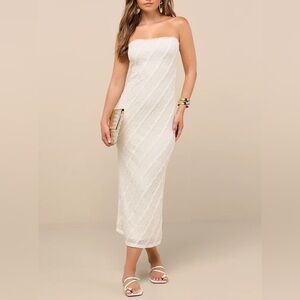 Lulus “Matilde” Ivory Textured Knit Bodycon Midi Dress 🤍 Size XS